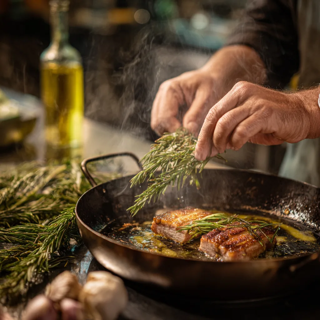 Préparation filet de porc au romarin saisie à la poêle avec huile olive et herbes