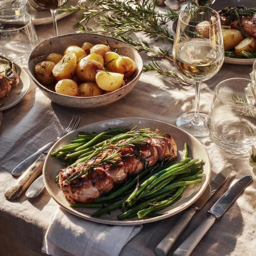 Filet de porc au romarin dressé sur table avec accompagnements pommes de terre et légumes