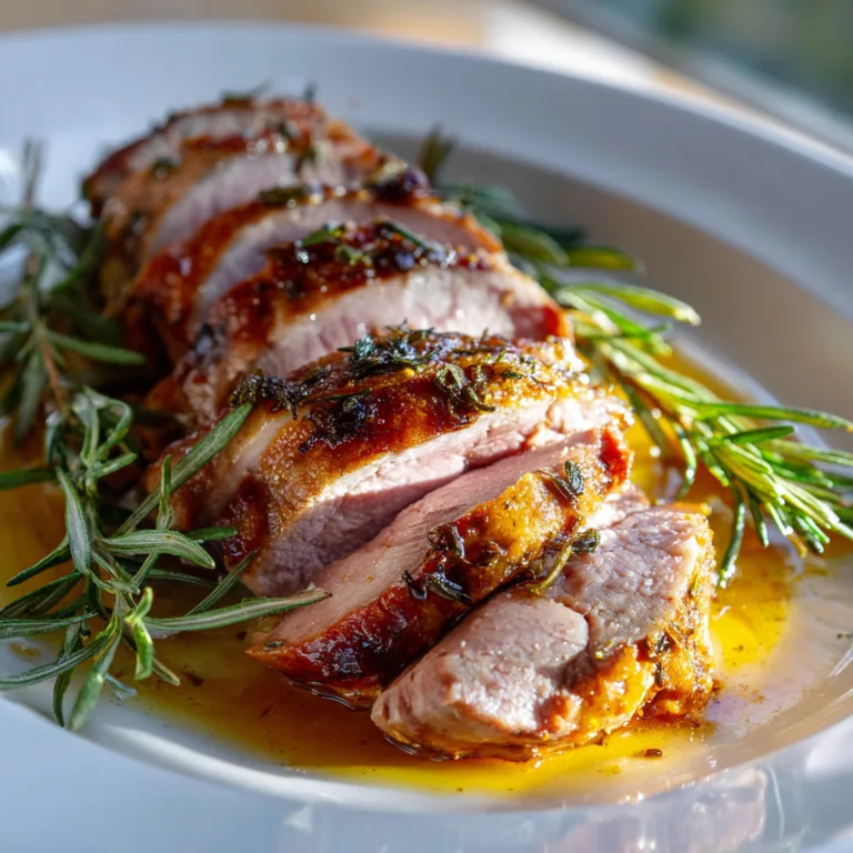 Filet de porc au romarin tranché en éventail sur plat de service avec sauce et herbes fraîches