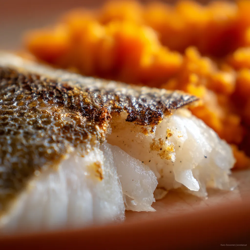 Gros plan sur la texture d'un filet de poisson blanc doré à la poêle