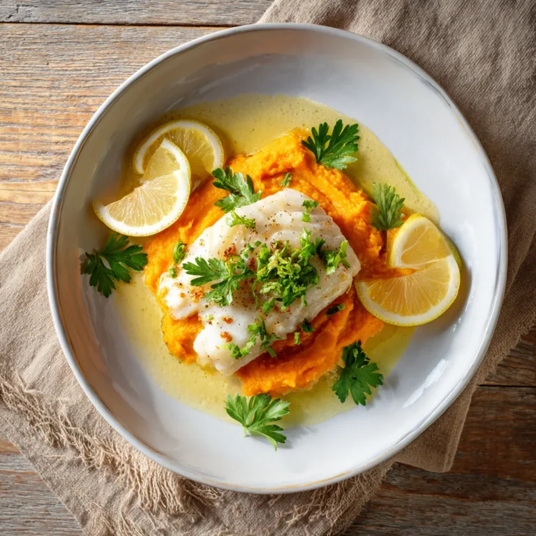 Filets de poisson blanc et purée de carottes vue de dessus, recette saine et facile