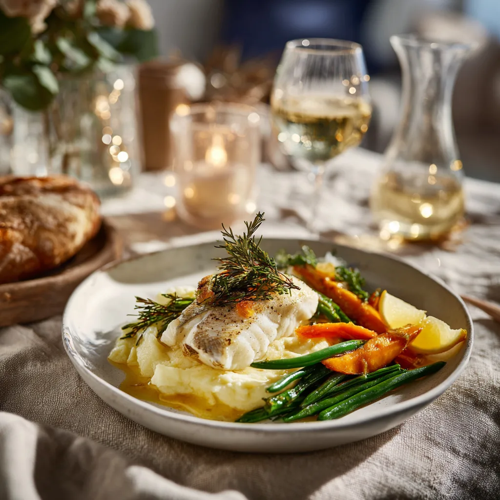 Assiette de filets de poisson blanc et purée de carottes servie avec haricots verts sur table dressée