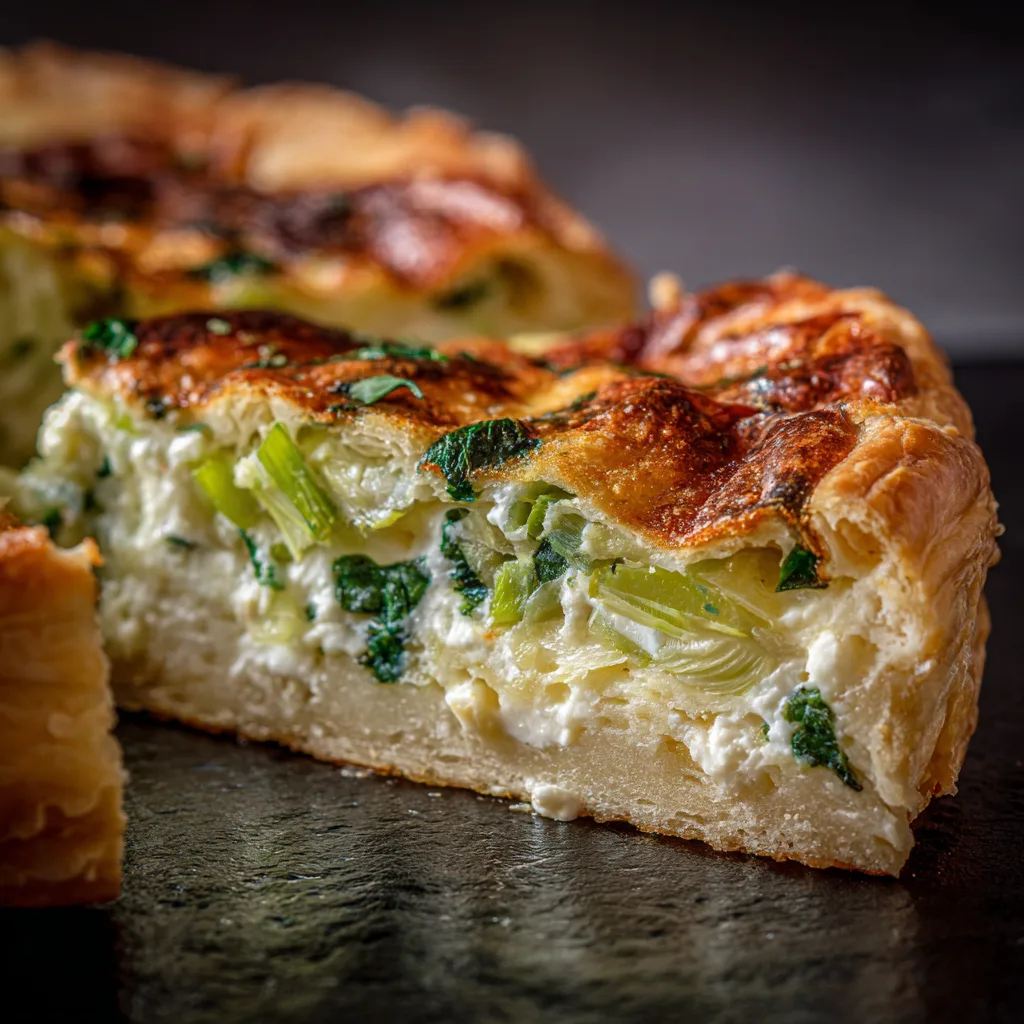 Gros plan sur la garniture crémeuse d'une flamiche aux poireaux, texture onctueuse et pâte croustillante