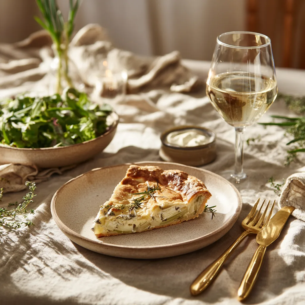 Part de flamiche aux poireaux servie sur assiette avec salade verte et verre de vin blanc, repas de famille
