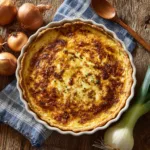 Flamiche aux poireaux entière vue de dessus, dorée et crémeuse, recette traditionnelle picarde