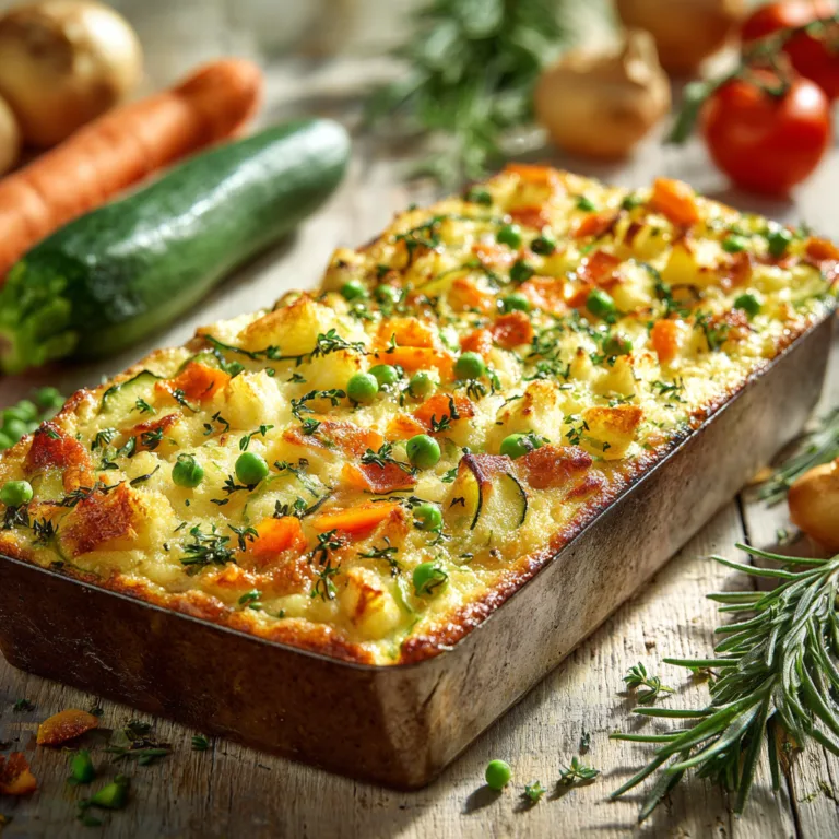 Flan de légumes printaniers doré vue de dessus avec courgettes carottes et petits pois