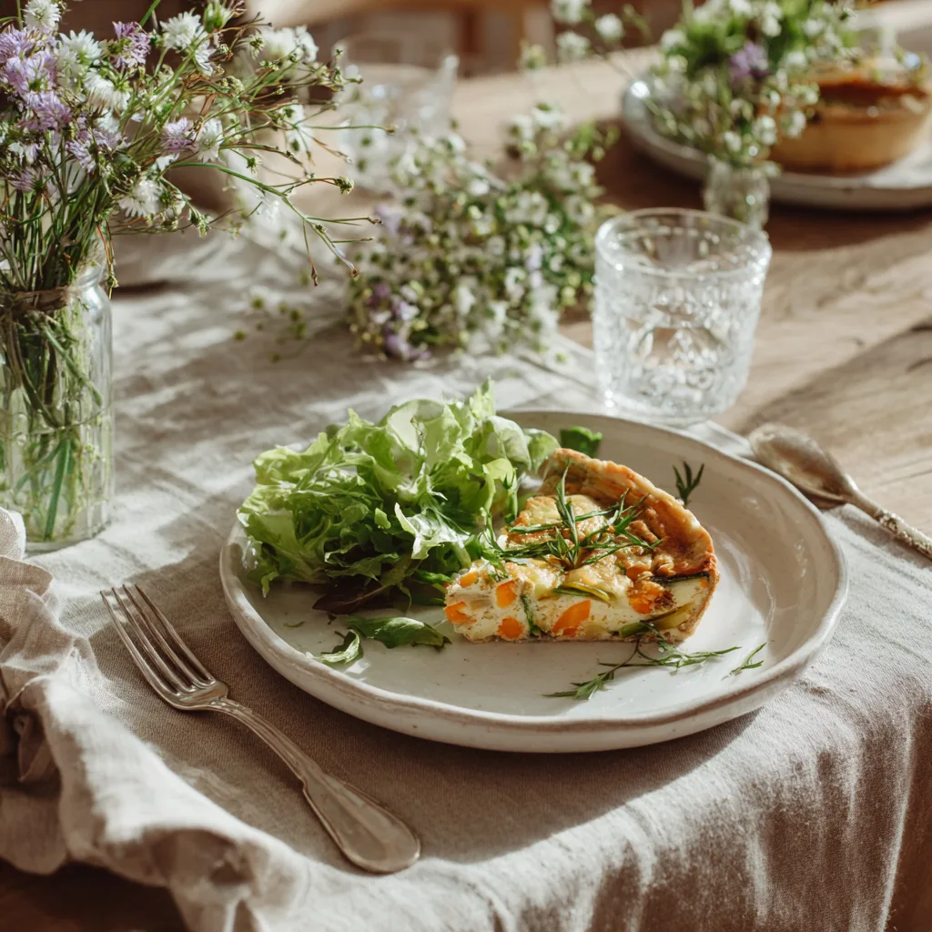 Flan de légumes printaniers servi sur assiette avec salade verte accompagnement