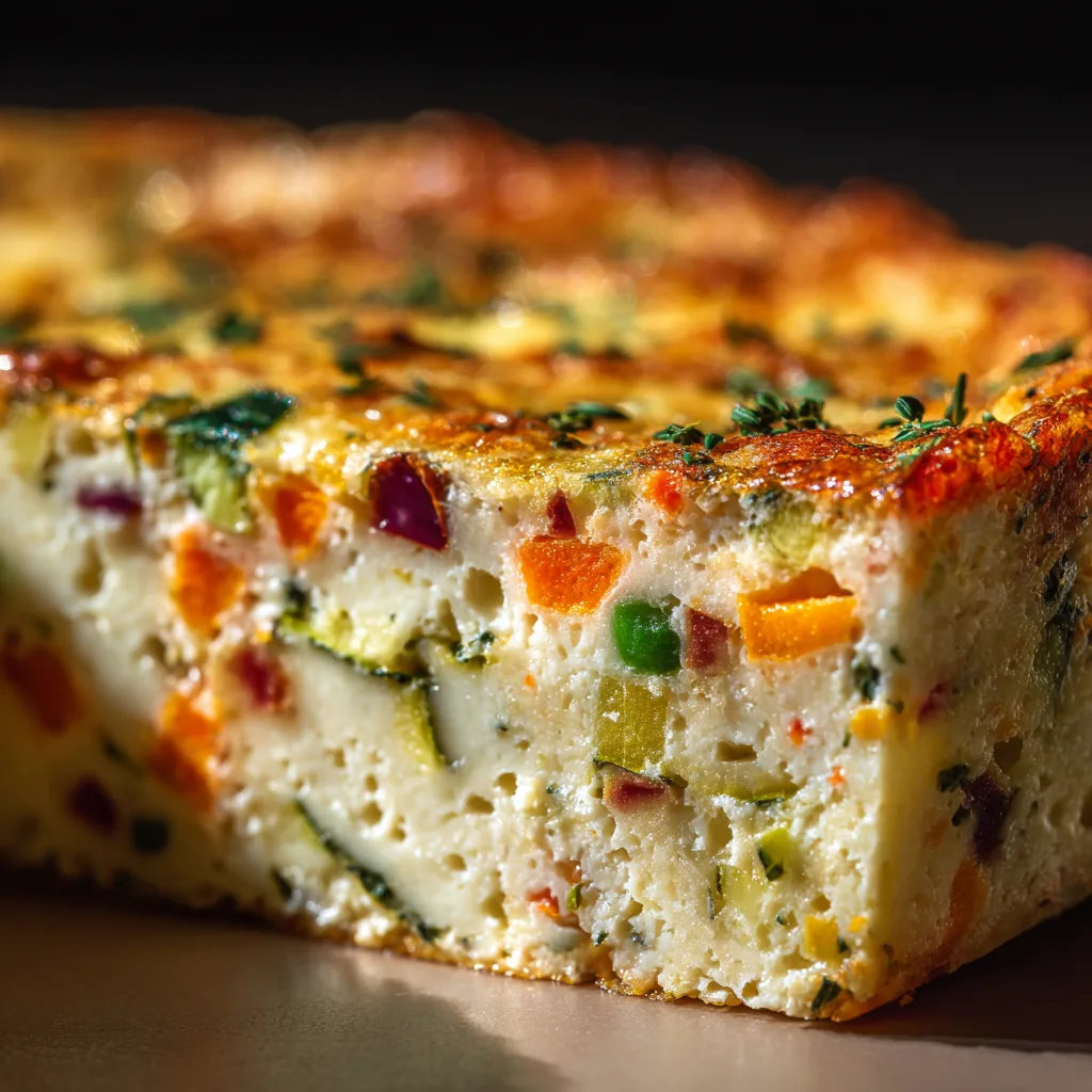 Gros plan texture moelleuse flan de légumes printaniers avec légumes frais visibles