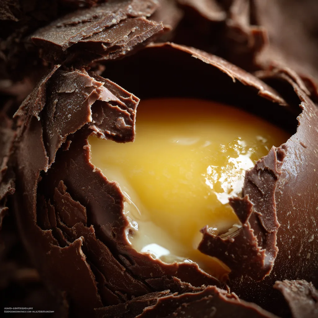 Gros plan sur la ganache onctueuse d'un œuf trompe-l'œil au chocolat noir