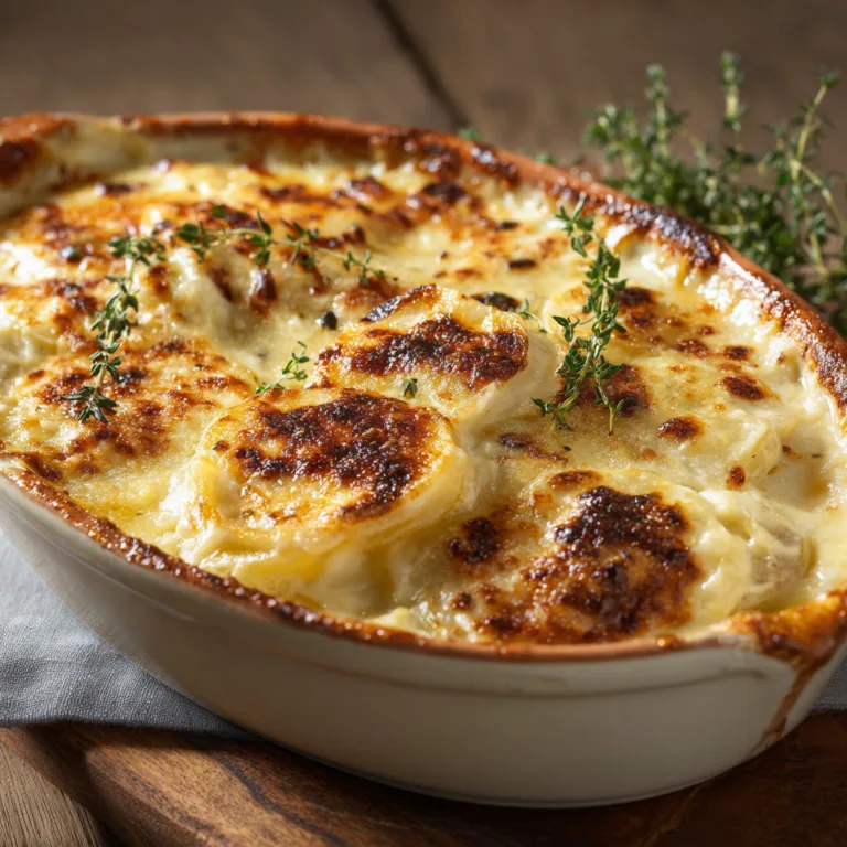 Gratin dauphinois léger doré en plat terre cuite vue de dessus