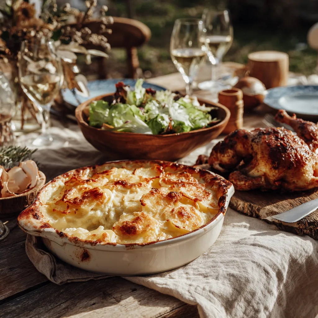Gratin dauphinois léger servi assiette table dressée poulet salade