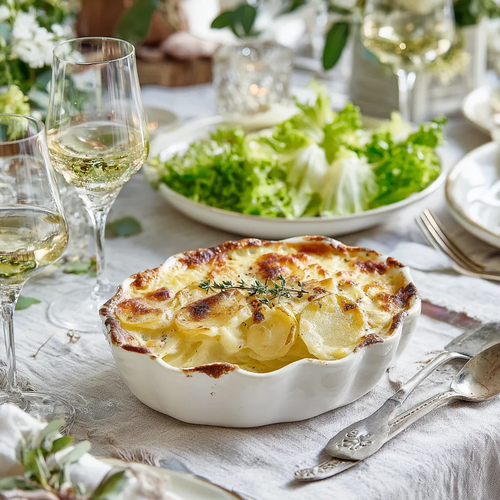 Part de gratin dauphinois servie dans une assiette blanche avec salade verte pour un dîner élégant
