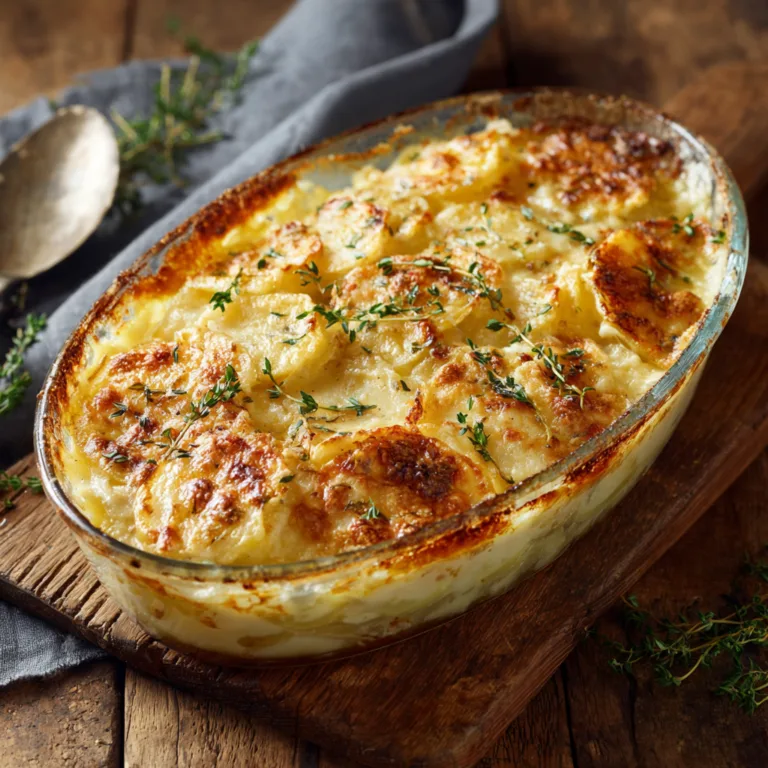 Gratin dauphinois entier vue de dessus dans un plat en pyrex doré et croustillant