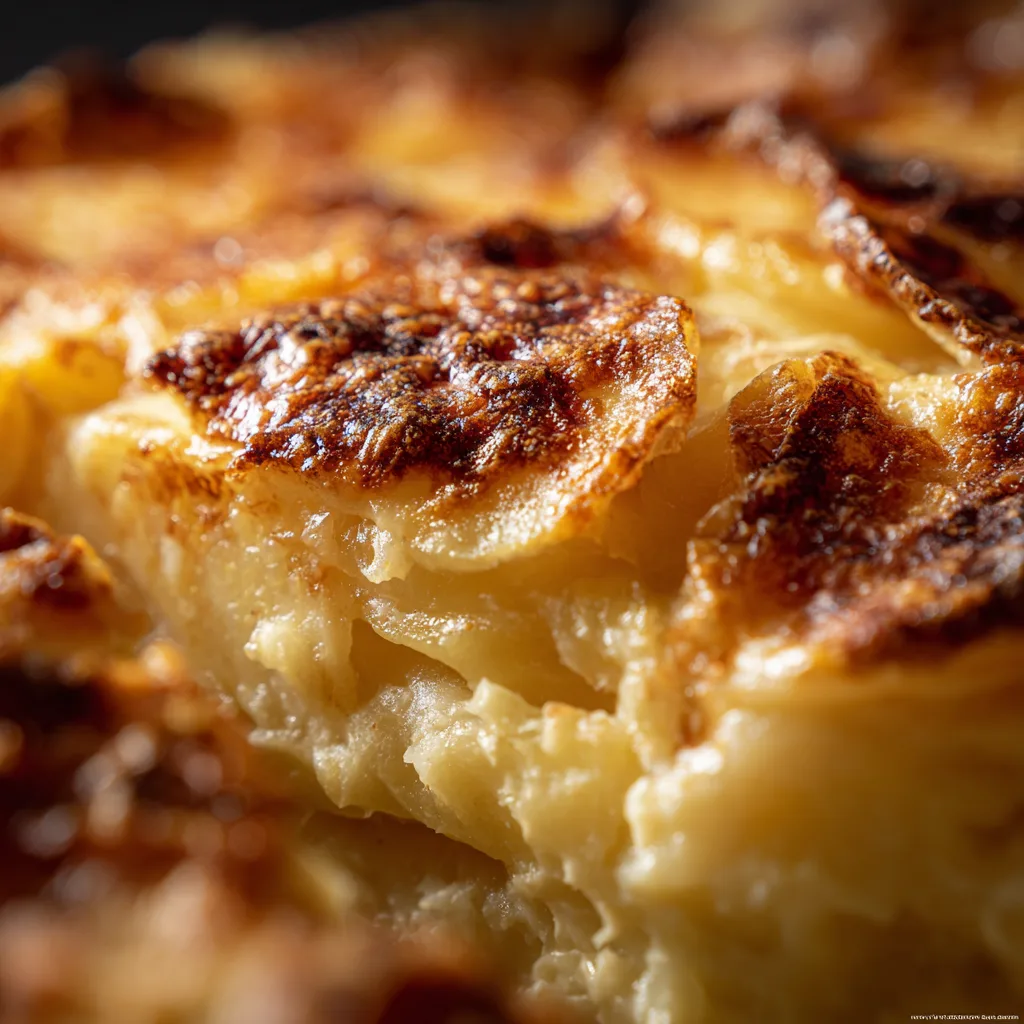 Gros plan texture crémeuse gratin dauphinois léger tranches pommes terre