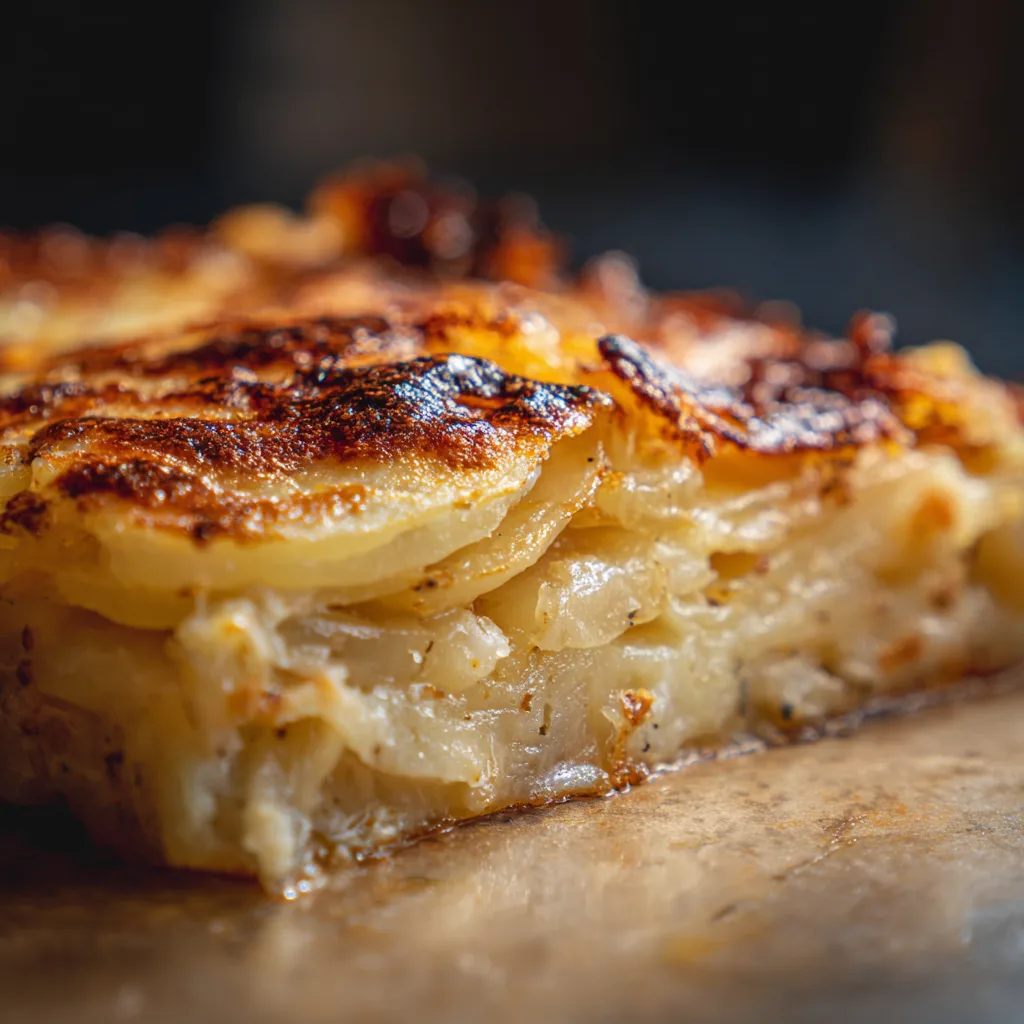 Gros plan sur une part de gratin dauphinois montrant les couches fondantes et crémeuses