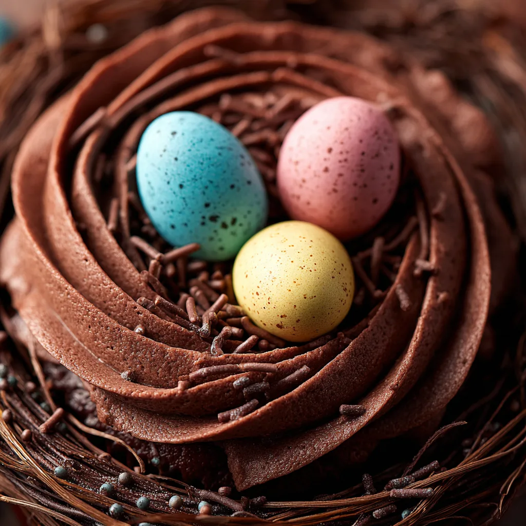 Gros plan Cupcakes en forme de nid de Pâques texture buttercream chocolat œufs colorés