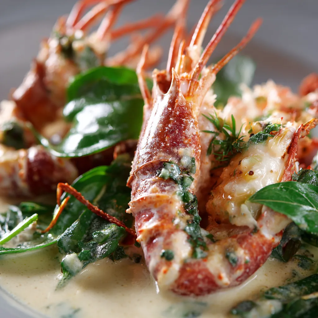 Gros plan langoustines à l'estragon texture chair sauce crémeuse