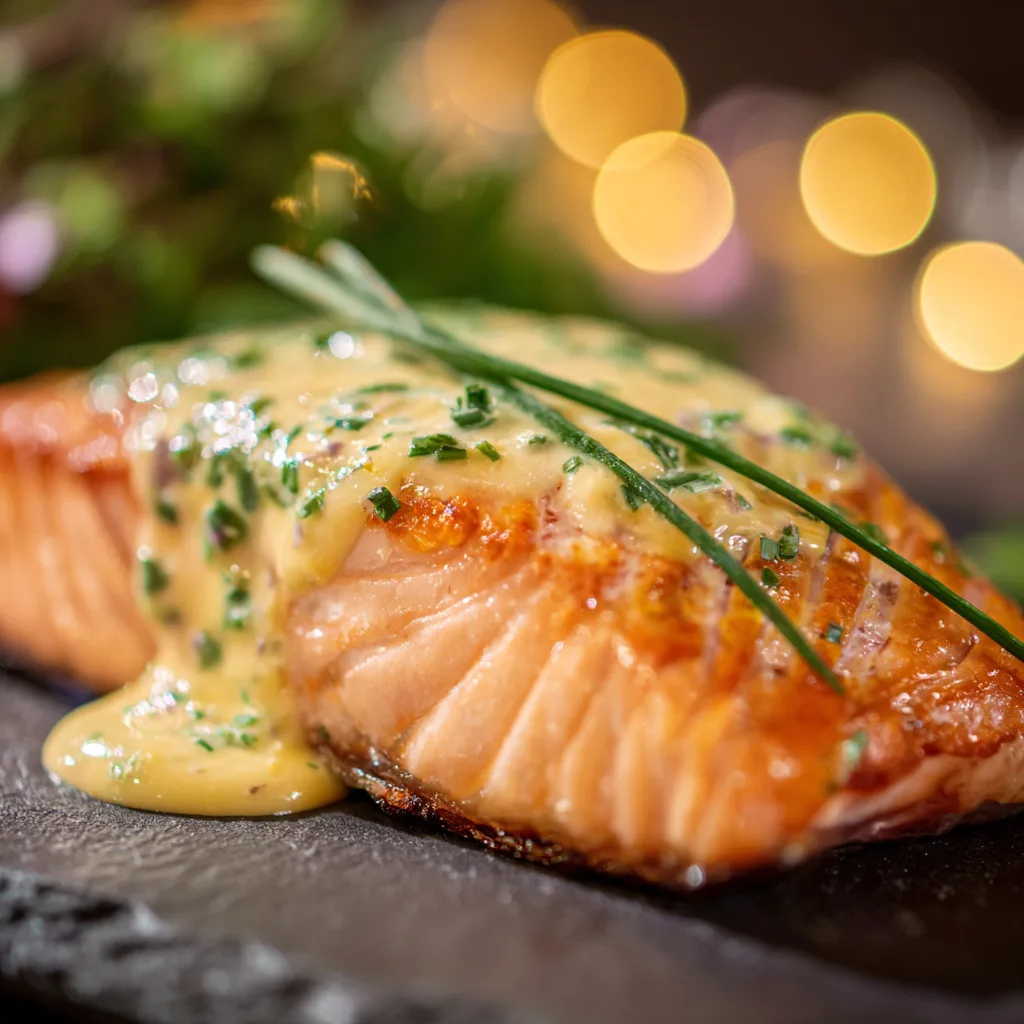 Gros plan pavé de saumon sauce béarnaise texture croustillante