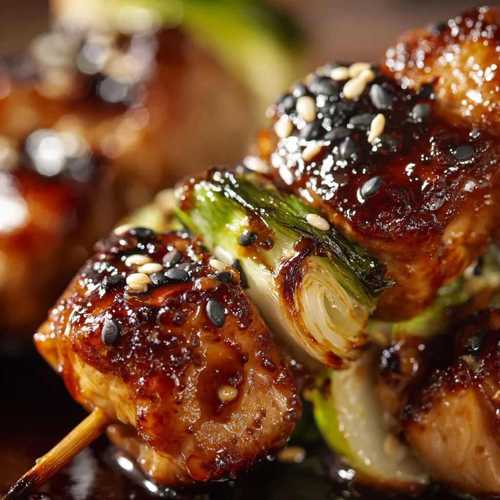 Gros plan brochettes de poulet yakitori texture caramélisée sauce japonaise