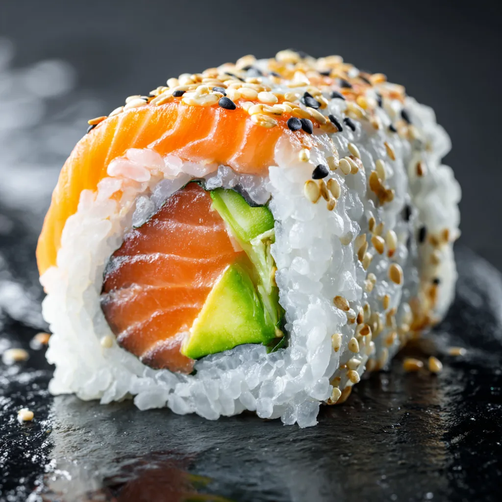 Gros plan Sushi Californien maison avec avocat crémeux et concombre croquant