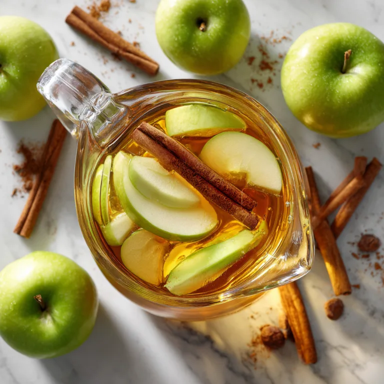 Jus pomme cannelle maison dans une carafe en verre avec bâtons de cannelle et tranches de pommes vertes