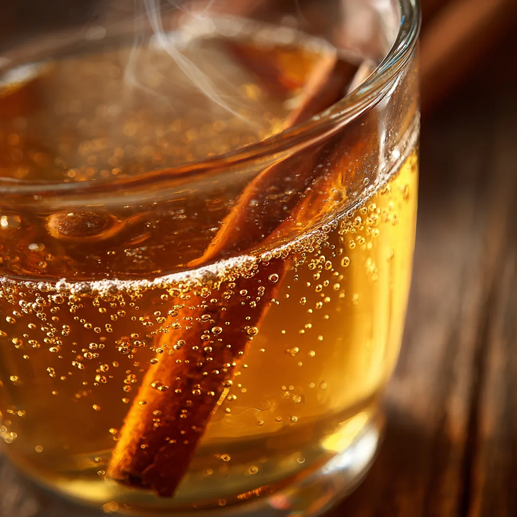 Gros plan sur la texture dorée du jus pomme cannelle chaud avec bâton de cannelle