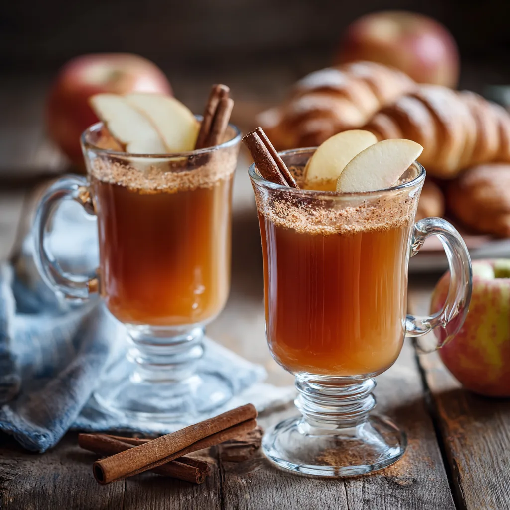 Jus pomme cannelle servi dans des tasses en verre sur une table de petit-déjeuner