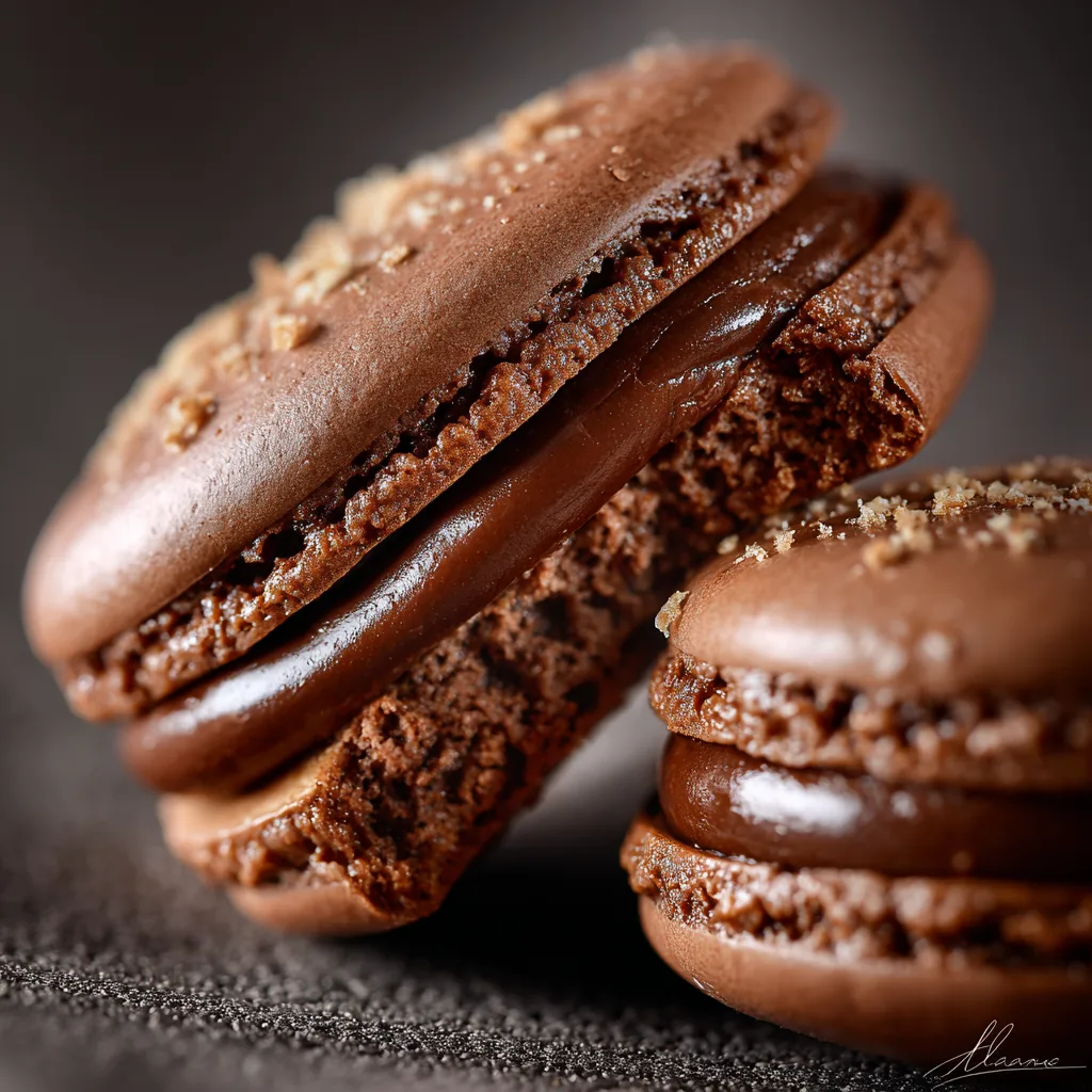 Gros plan d'un macaron au chocolat coupé montrant la ganache et la texture de la coque