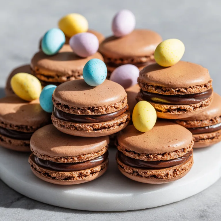 acarons au chocolat pour Pâques disposés sur plateau avec œufs décoratifs