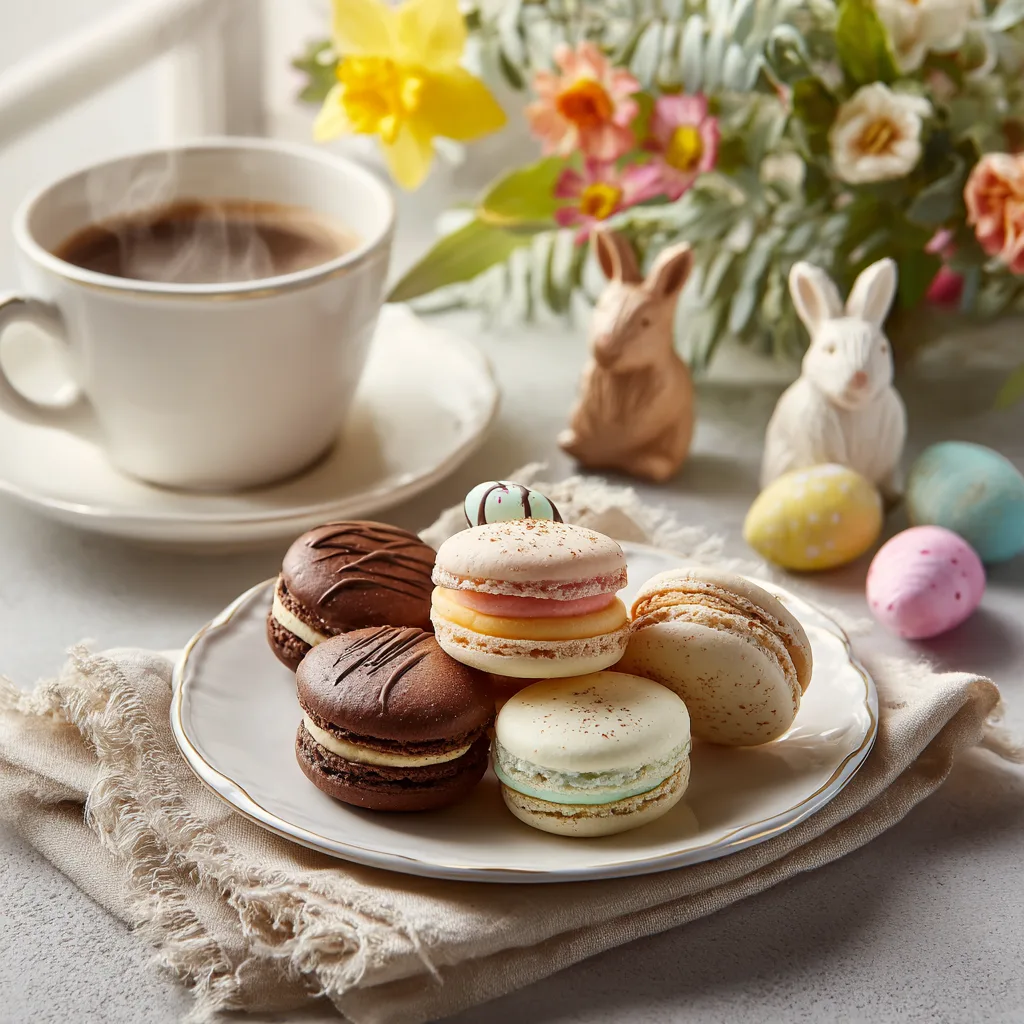 Macarons au chocolat servis sur table de Pâques avec café et décoration festive