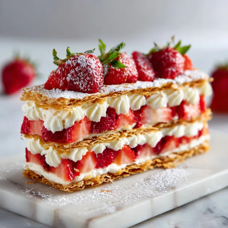 Mille-feuille vanille aux fraises de saison vue de dessus avec pâte feuilletée dorée et crème pâtissière