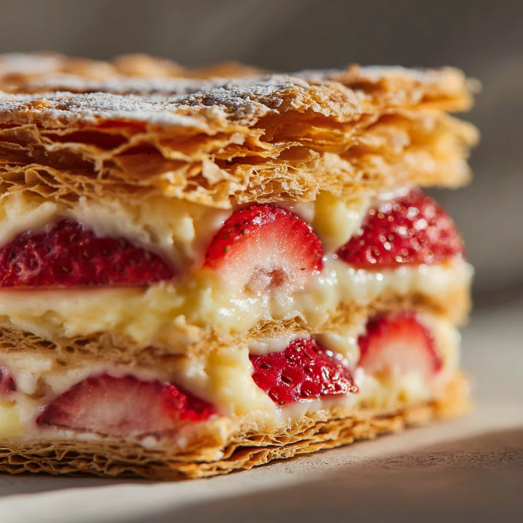 Gros plan des couches du mille-feuille vanille aux fraises montrant feuilletage crème et fraises