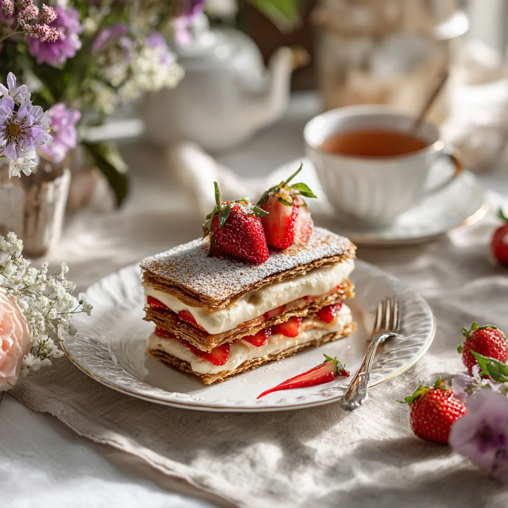 Mille-feuille vanille aux fraises présenté sur table dressée avec accompagnements et décoration