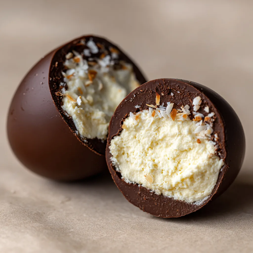 Œuf de Pâques chocolat noix de coco coupé montrant fourrage crémeux intérieur