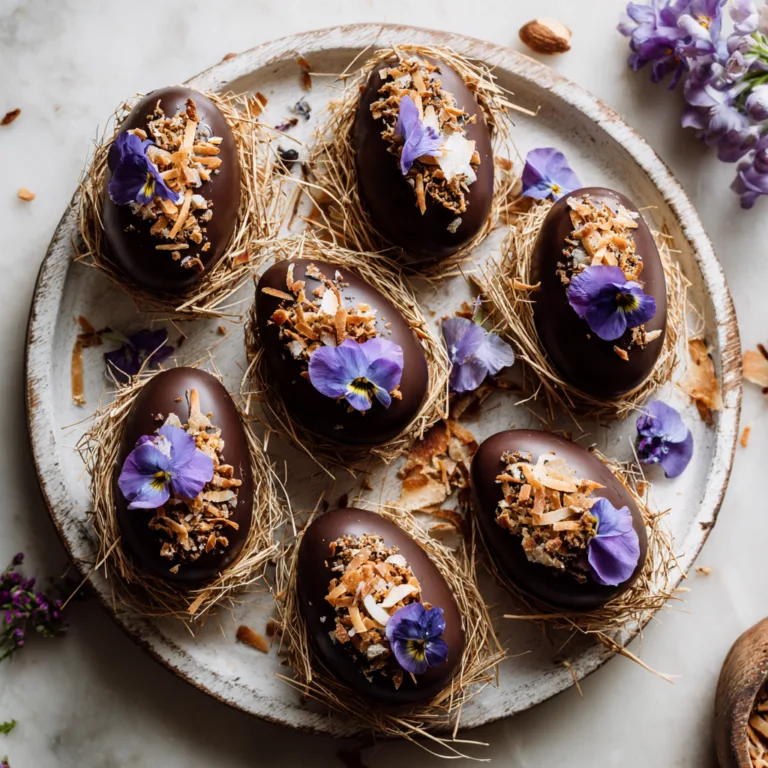 Œufs de Pâques chocolat noix de coco maison disposés sur plateau bois avec décoration