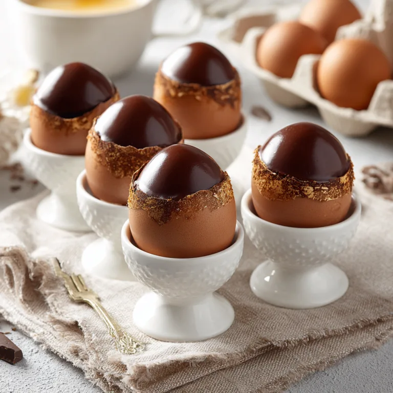 Œufs trompe-l'œil au chocolat noir disposés dans des coquetiers blancs