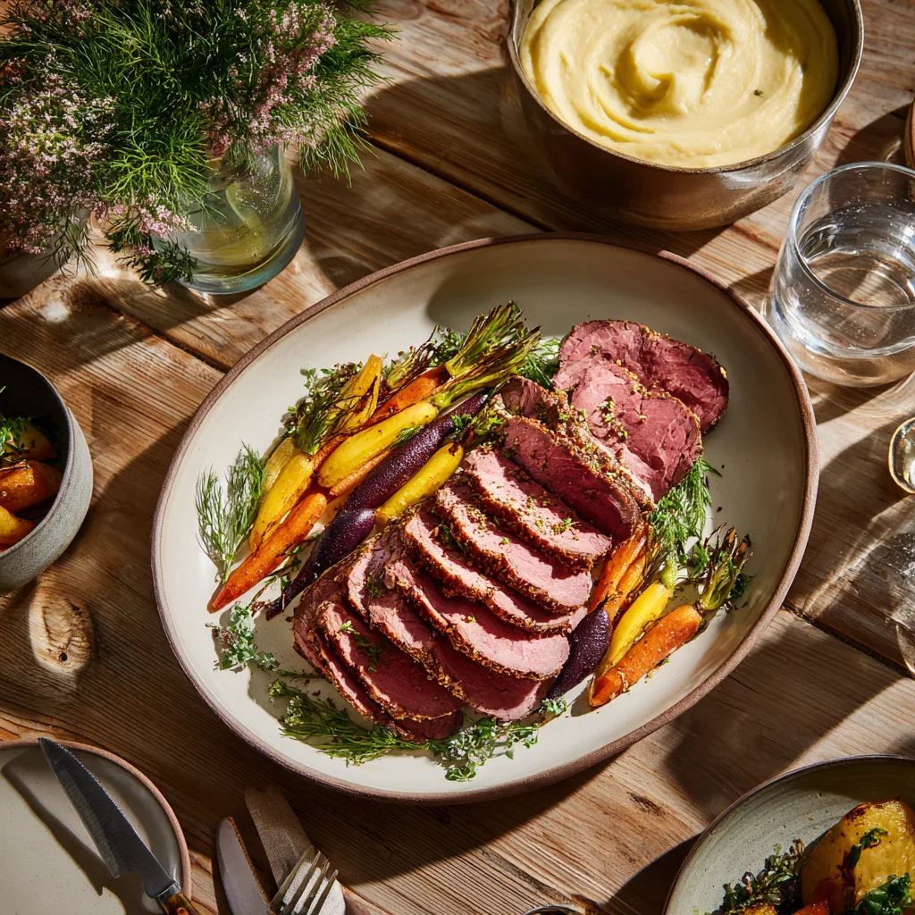 Pain de viande maison tranché servi avec purée de pommes de terre et légumes rôtis sur table familiale