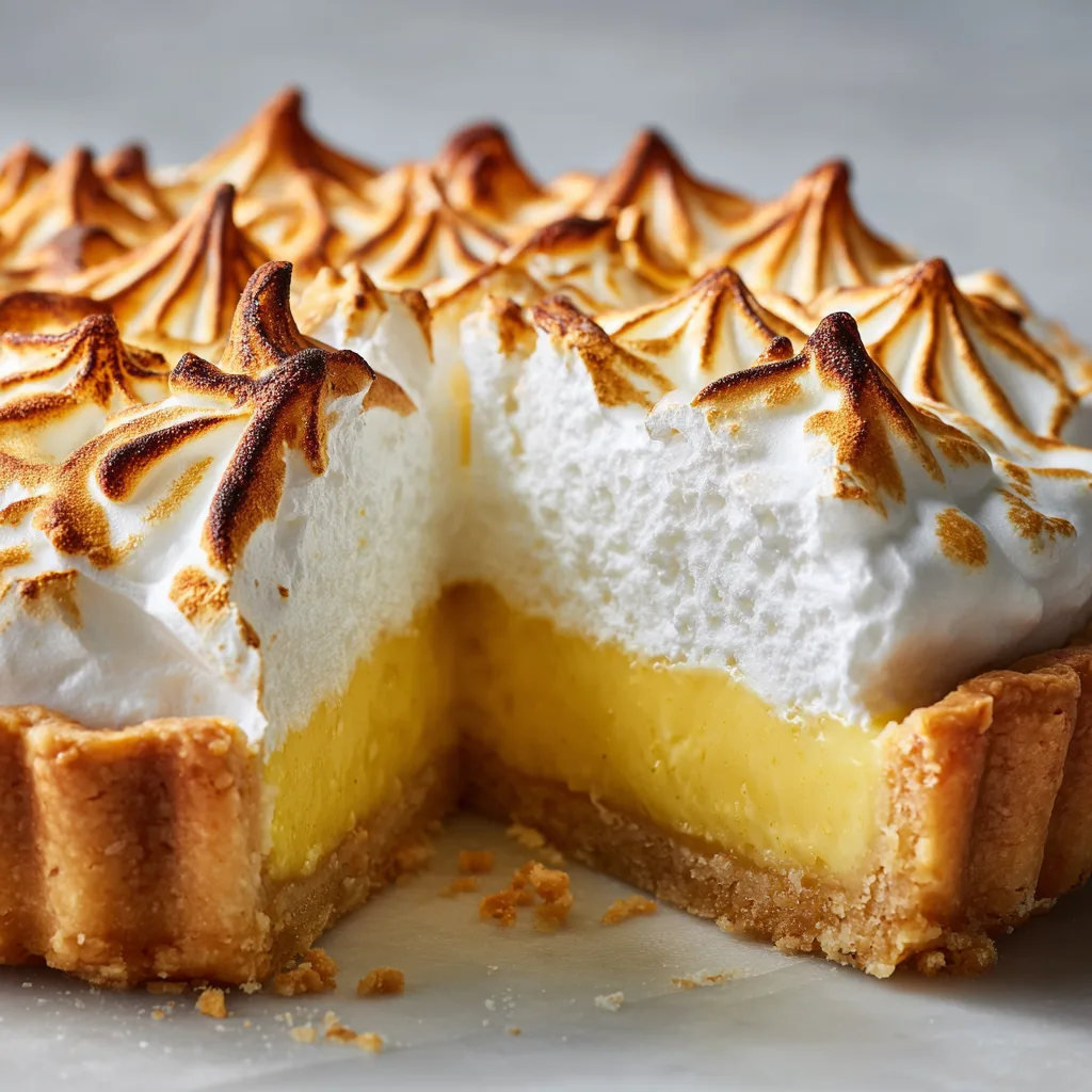 Part de tarte au citron meringuée montrant les couches de pâte crème et meringue