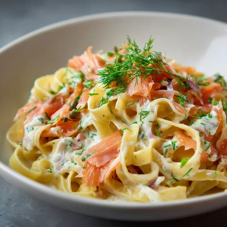 Pâtes au saumon fumé crémeuses vue de dessus avec ciboulette et aneth frais