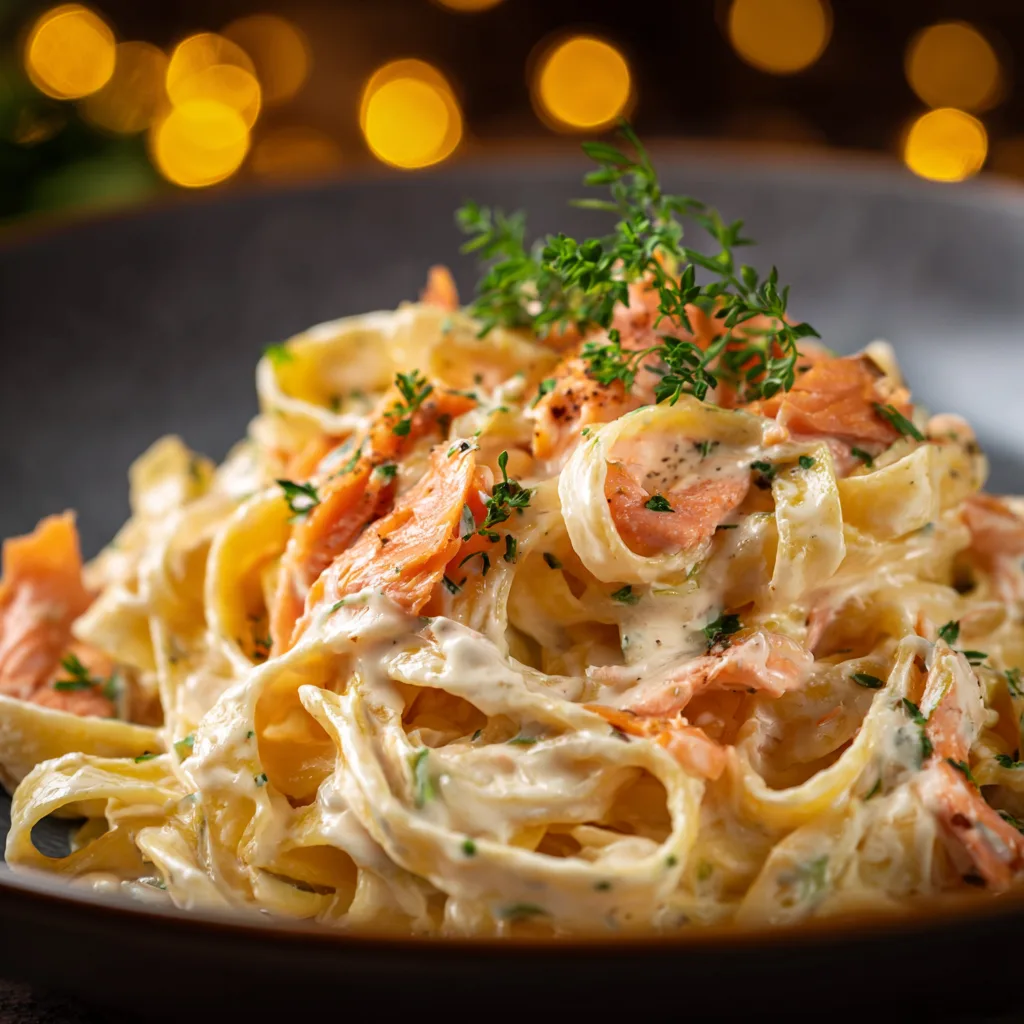 Gros plan texture crémeuse pâtes au saumon fumé avec sauce onctueuse