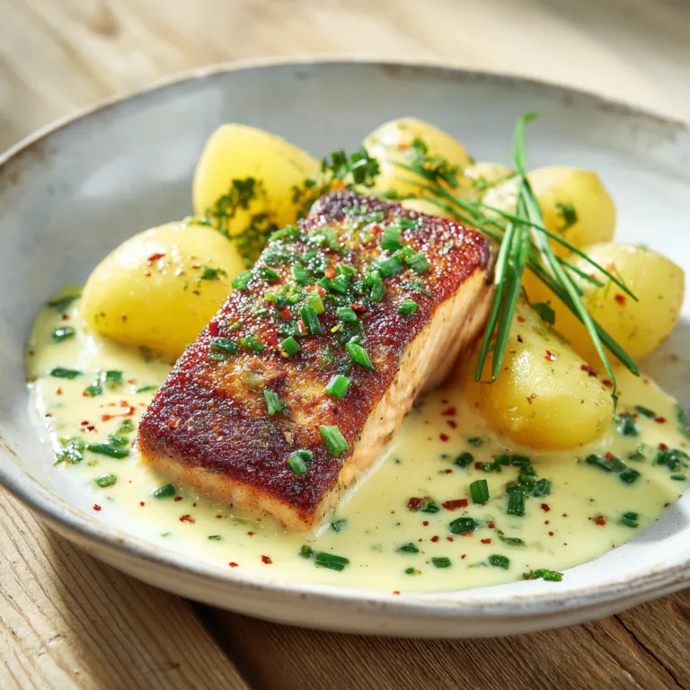 Pavé de saumon sauce béarnaise vue de dessus avec pommes grenaille et estragon frais
