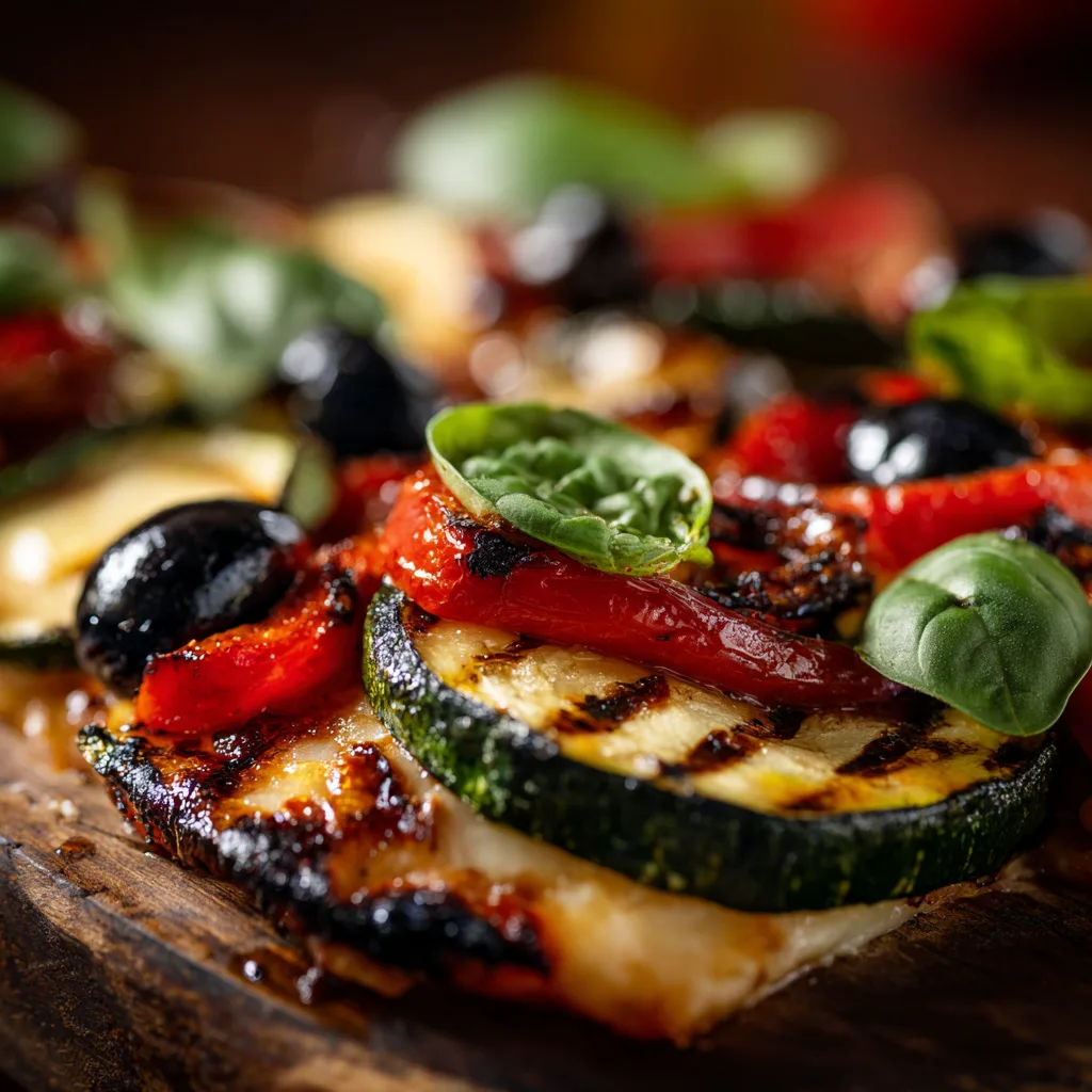 Gros plan pizza végétarienne aux légumes grillés — mozzarella fondante et légumes caramélisés