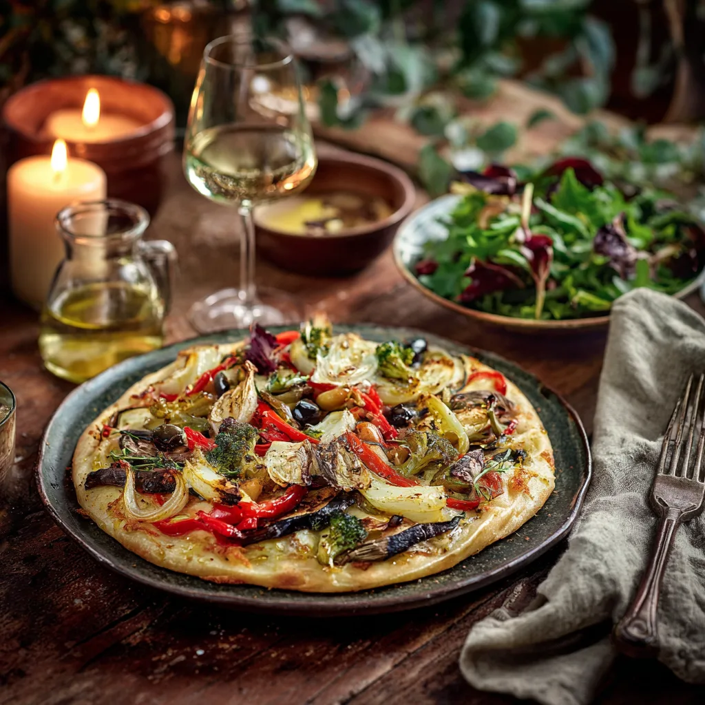 Pizza végétarienne aux légumes grillés servie sur table avec salade verte et vin blanc