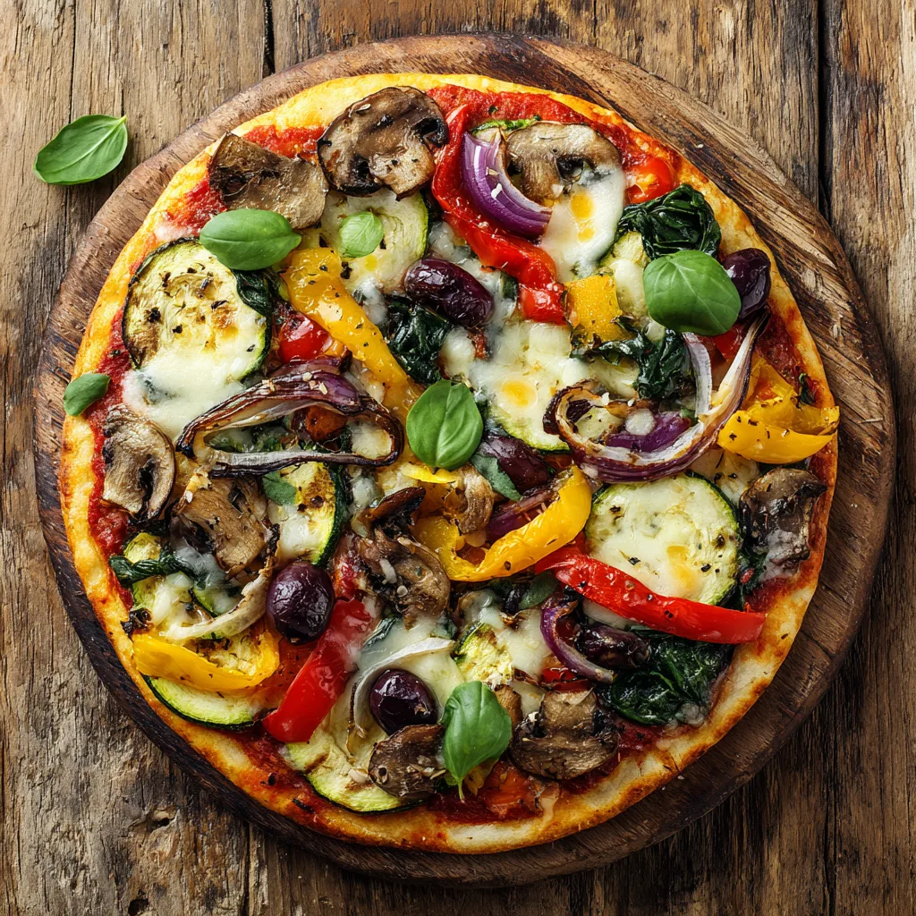 Pizza végétarienne aux légumes grillés vue de dessus — courgette, poivron, mozzarella fondante