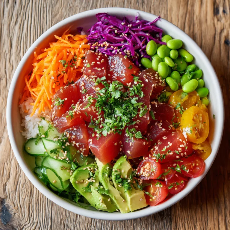 Poke Bowl au Thon Mariné coloré avec avocat, légumes frais et riz dans un bol blanc