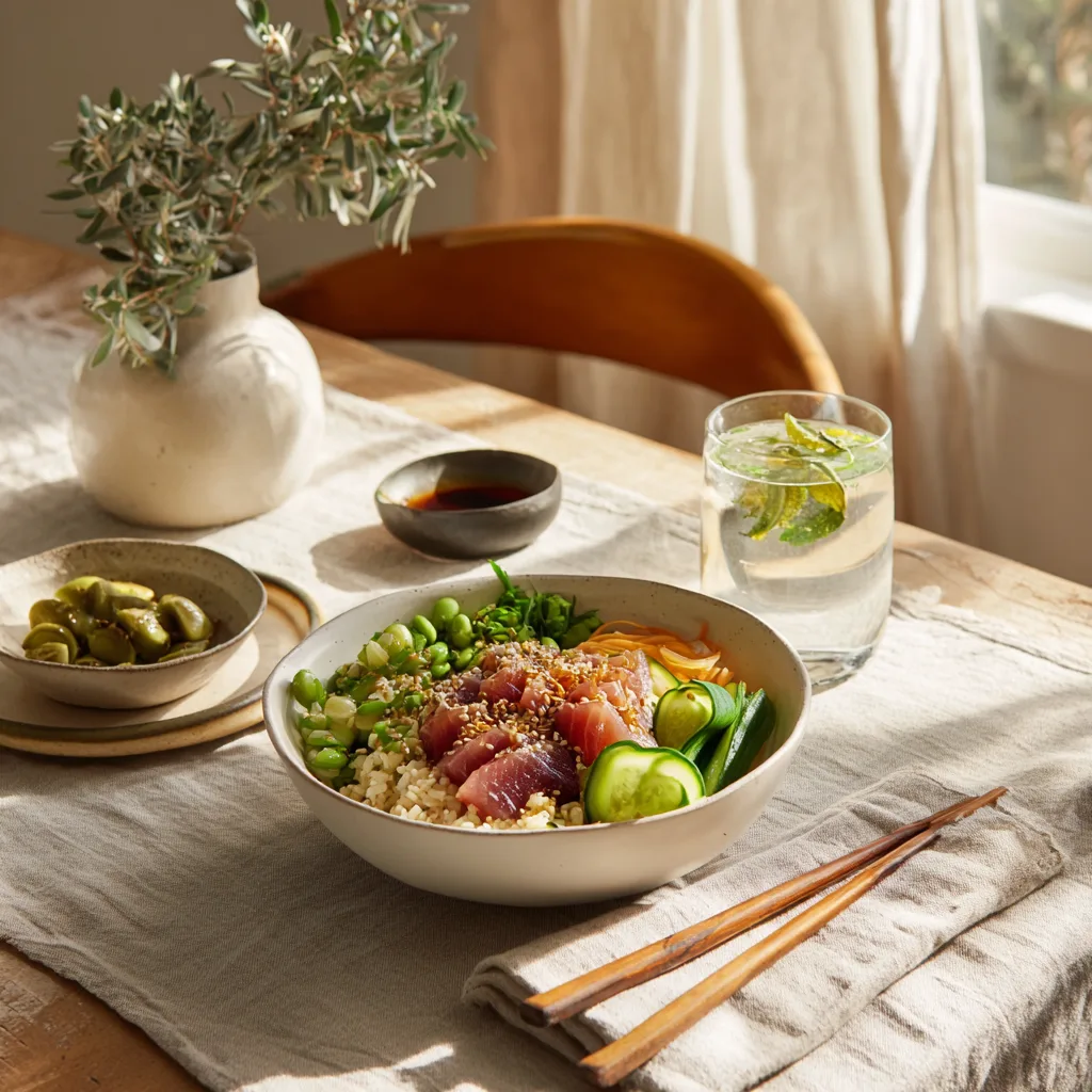 Poke Bowl au Thon Mariné élégamment présenté sur table dressée avec accompagnements