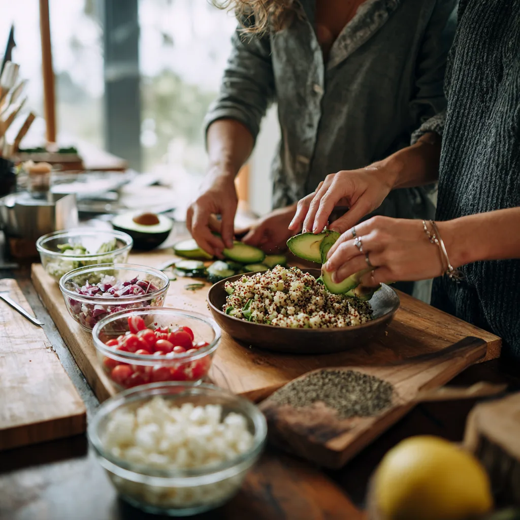 Préparation d'un bowl végétarien au quinoa en cuisine avec mains assemblant les ingrédients