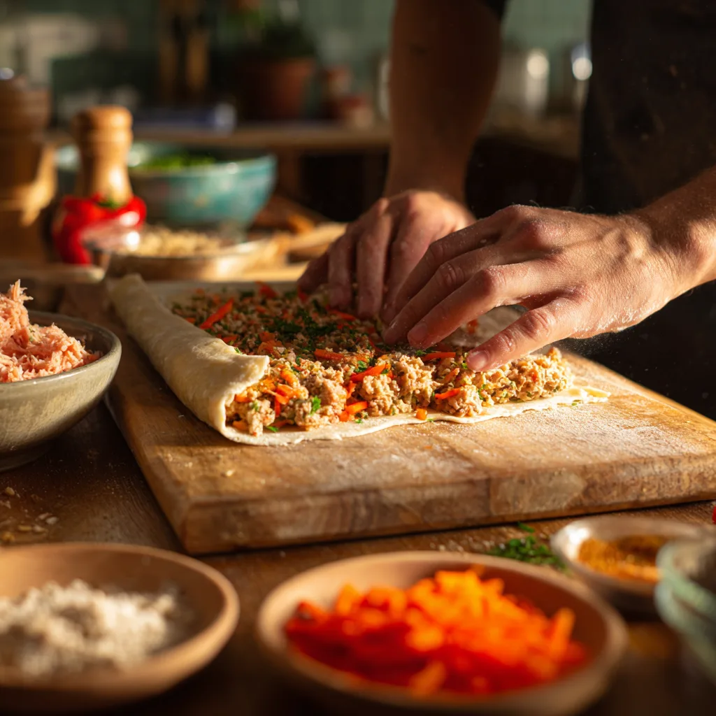 Préparation des bricks au thon et légumes, pliage de la feuille de brick en cuisine