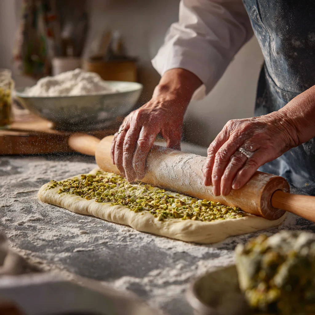 Préparation brioche roulée à la pistache façonnage roulage pâte maison