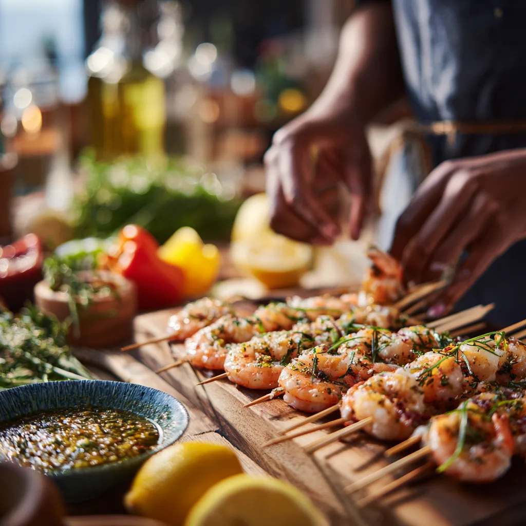 Préparation de brochettes de crevettes à la marinade maison dans une cuisine familiale